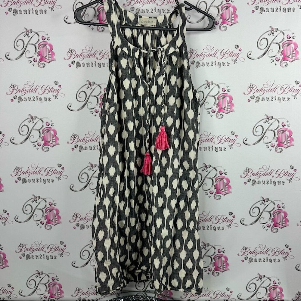 Charlie Paige Monochrome Sleeveless Dress with Pink Accents tassles boho cotton